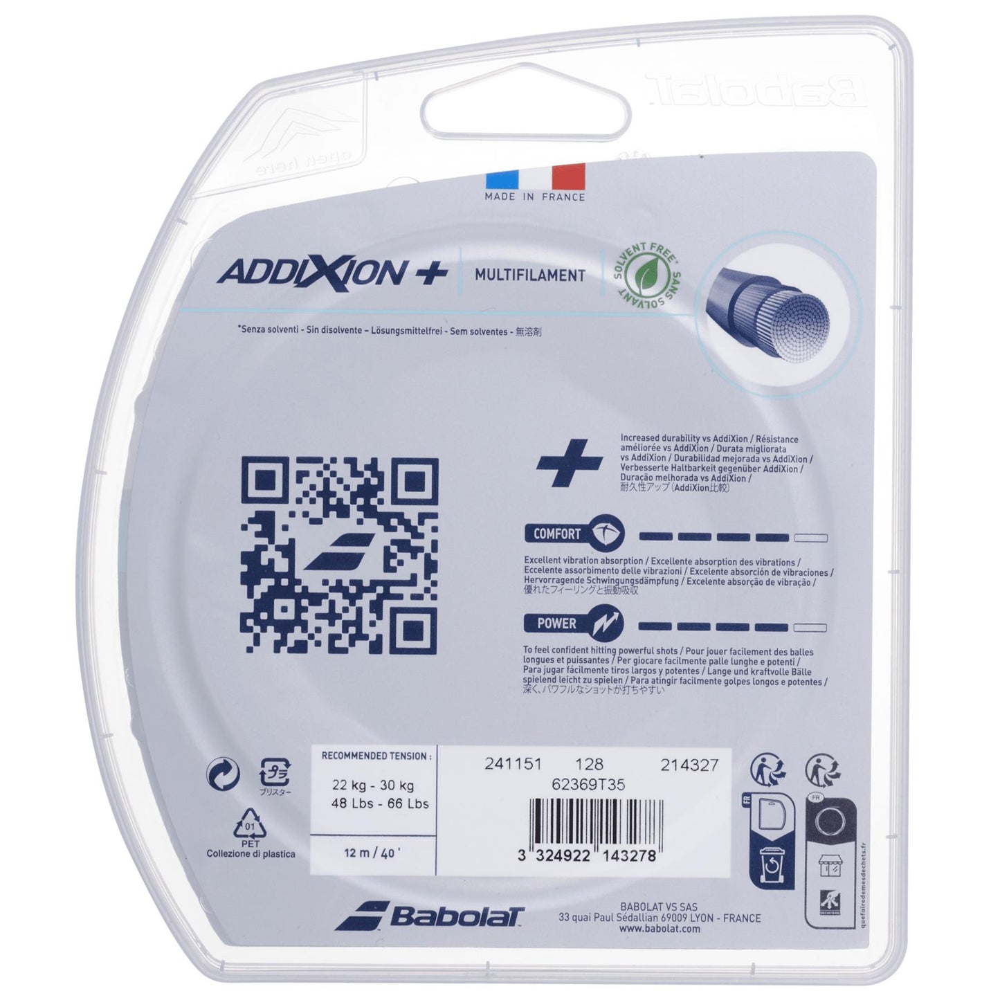 The image displays a Babolat Addixion+ Multifilament Tennis String package, highlighting comfort and durability. It features tension ranges, a QR code, solvent-free strings, and visible barcode details.