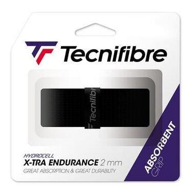 The Tecnifibre X-Tra Endurance Replacement Tennis Grip - Black features a 2mm thick design. The packaging emphasizes its superior perspiration absorption and durability. The text highlights the "absorbent grip" with purple and white accents, ensuring a truly durable grip experience.