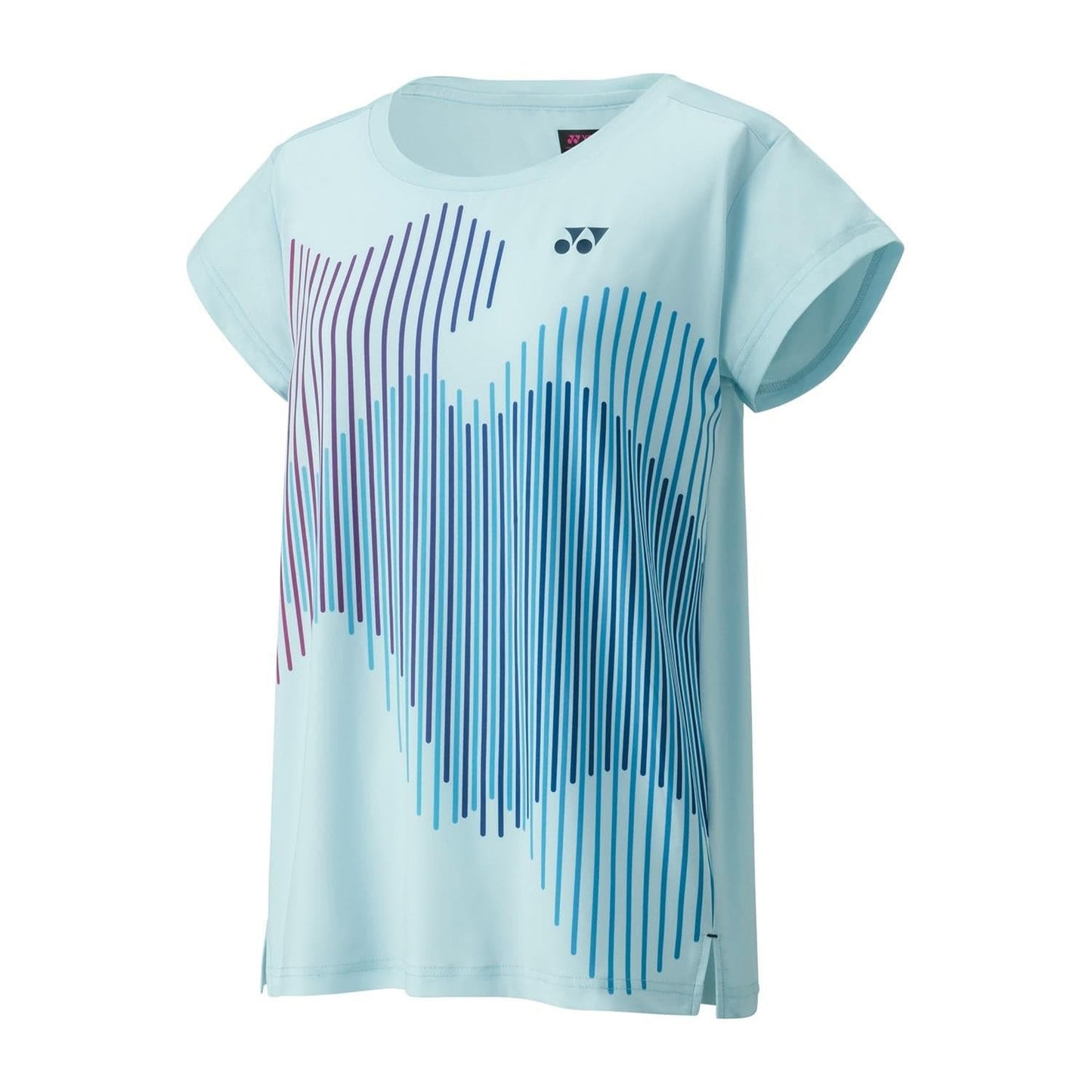 Introducing the Yonex 20764 Crew Neck Women's Tennis T-Shirt in Crystal Blue. This athletic short-sleeve shirt showcases a striking design with vertical lines in shades of purple and blue. Equipped with Yonex's signature technology, it provides UV reduction and VeryCool technology for optimal comfort. The shirt also features a subtle logo on the upper chest area.