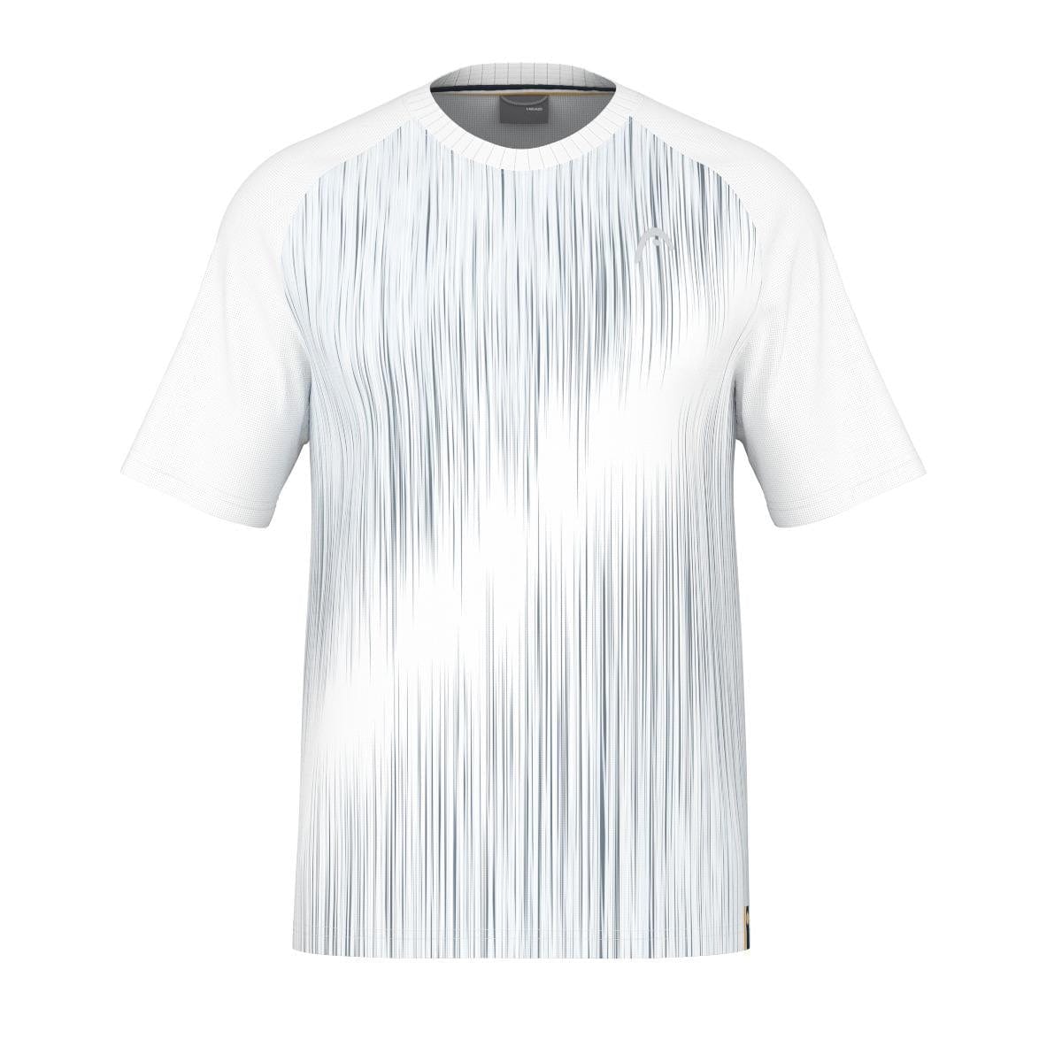 The HEAD Performance Men's Tennis T-Shirt - XPHB is a white short-sleeve shirt featuring a light vertical stripe design on the front. Made from polyester jacquard, this fabric provides a smooth, casual feel and includes moisture transfer technology, making it perfect for everyday wear.