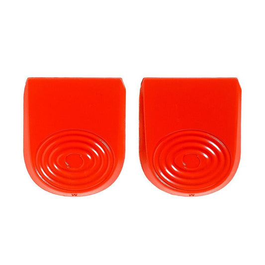 Two red, flat, half-circle heel protectors with concentric circle patterns are placed side by side against a white background. These Sorbothane Sports Heel Pads provide excellent shock absorption for all-day comfort and incorporate an anti-bacterial design.