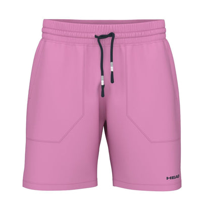 A pair of HEAD Performance Men's Play Tennis Shorts in cyan pink featuring an elastic waistband and black drawstring. Made from moisture transfer microfiber, these athletic shorts provide 4-way stretch, two front pockets with bold stitching, and a sleek black logo on the lower left side.