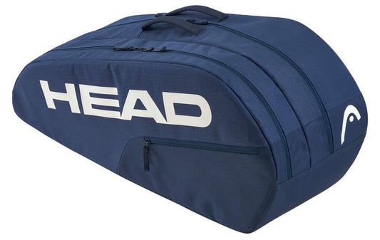 The HEAD BASE 6 Racket Tennis Bag M - NV is ideal for intermediate players, featuring a large blue design with the "HEAD" logo in white. It holds up to 6 rackets and includes dual handles plus multiple zippered compartments for effortless storage and organization.