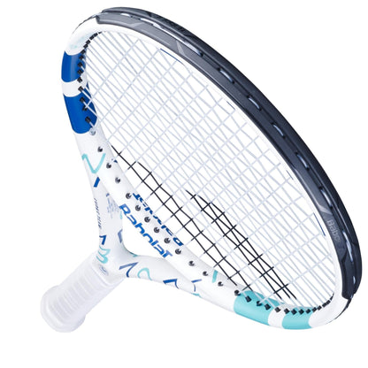 The image features the Babolat Evoke Team Wimbledon Tennis Racket, perfect for beginners. It has a white frame accented with teal and blue, a black grip, and interwoven strings. The Babolat branding is visible on the side, and the racket is angled upward against a crisp white background.