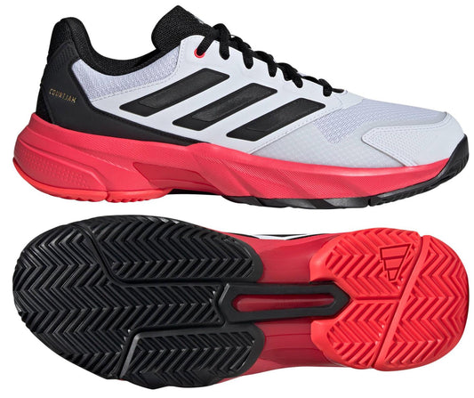 The ADIDAS CourtJam Control 3 Men’s Tennis Shoes feature a white and black upper with black stripes and a bold red sole. With a textured rubber outsole for superior grip, these adidas shoes emphasize sustainability in their design.