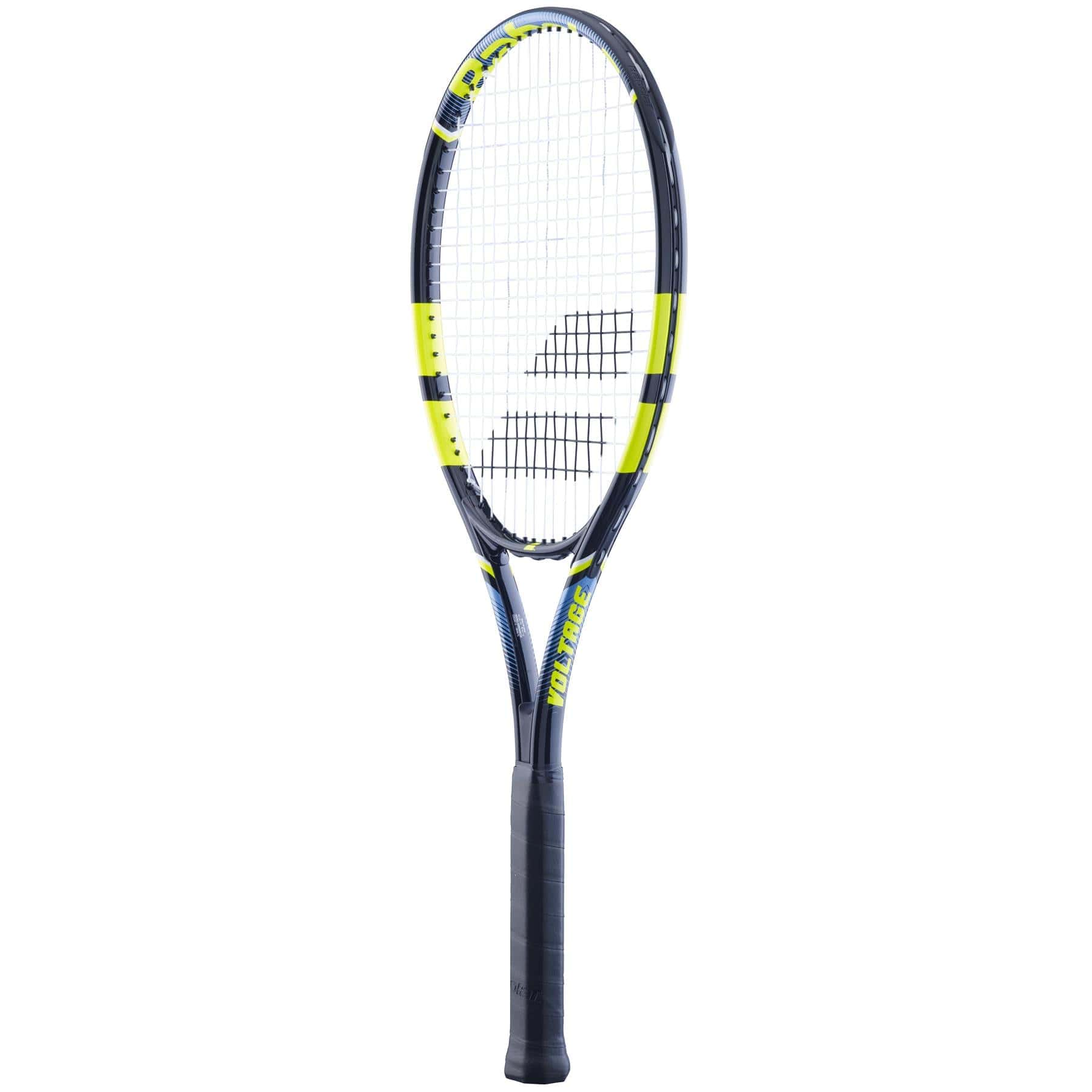 The Babolat Voltage Tennis Racket - Black / Yellow features a stylish black and yellow frame made from durable aluminium. It includes a precise string pattern and a comfortable black grip handle, making it an ideal choice for beginners who want both style and performance.