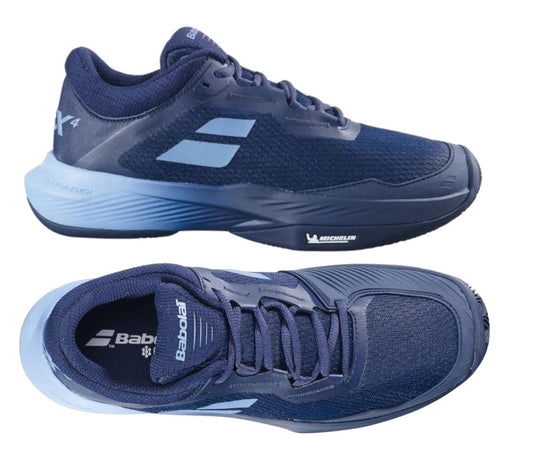 The Drive Blue Babolat SFX 4 All Court 2025 men's tennis shoes feature a cushioned sole, bold "Babolat" branding on the side, and durable "Michelin Original rubber" near the heel. One shoe is shown from the side view, and another from above with white accents.