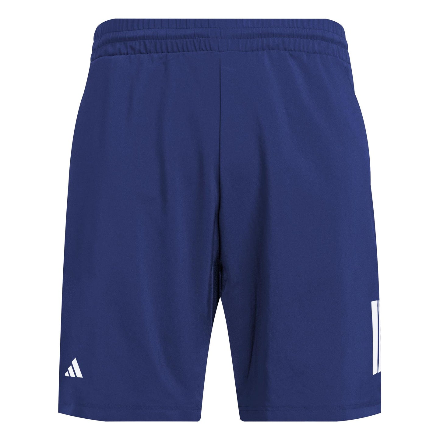 Navy ADIDAS Men's 3 Stripe Tennis Shorts feature an elastic waistband and a small white adidas Club logo on the lower left side, made with moisture-wicking fabric to keep you cool and comfortable.