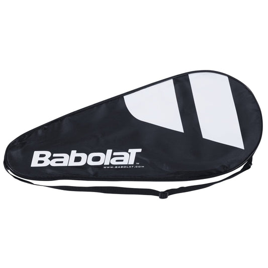 A stylish Babolat Expert Racket Cover in black, showcasing the brand's iconic logo on the side and equipped with an adjustable shoulder strap for easy portability.