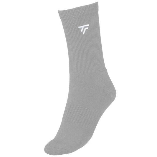 A single Tecnifibre Men's Classic Tennis Sock from the silver three-pack is showcased against a plain white background. Crafted for optimal comfort, this sock displays a subtle white geometric logo near the top and features a ribbed texture from the ankle to the cuff, making it perfect for tennis players.