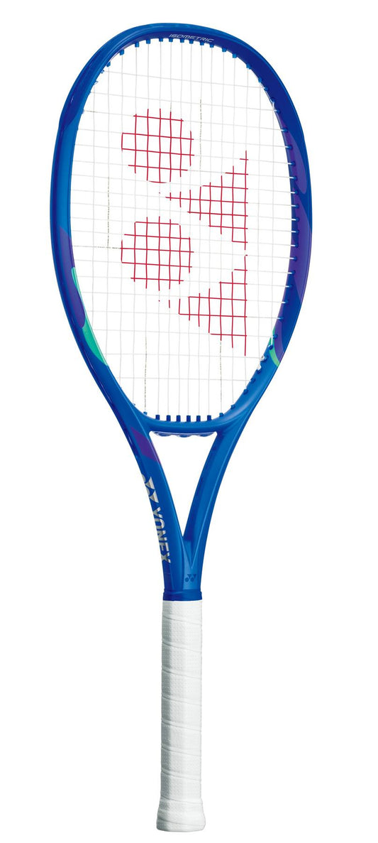 The Yonex EZONE 100L 2025 Tennis Racket in Blast Blue features a white grip and red string pattern, enhanced by Vibration Dampening Mesh for improved feel.