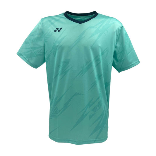 The Yonex YTM8 Men's Tennis T-Shirt in Mint/Navy boasts a subtle abstract pattern and a small chest logo. Made from breathable, moisture-wicking polyester, its sleek design is enhanced by dark trim around the V-neck collar.