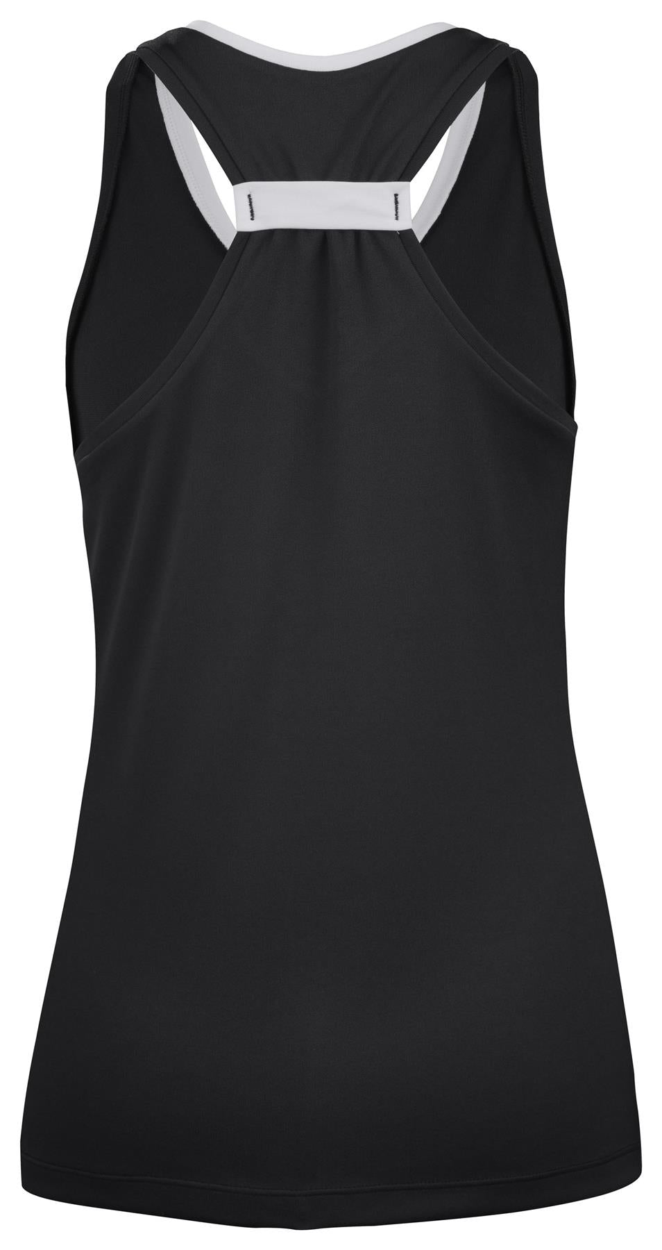 The Babolat Play Women's Tennis Tank Top in black features a sleek racerback design with a white accent. Designed by Babolat using Fiber Dry technology, it's perfect for any match.