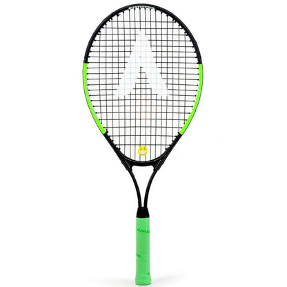 The Karakal Flash 25 Junior Tennis Racket - Green / Black, designed by Karakal, features a sleek black frame with a vibrant green handle. It showcases a prominent white logo on the strings and includes a bright green grip on the handle for enhanced style and performance on the court.