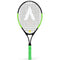 The Karakal Flash 25 Junior Tennis Racket - Green / Black, designed by Karakal, features a sleek black frame with a vibrant green handle. It showcases a prominent white logo on the strings and includes a bright green grip on the handle for enhanced style and performance on the court.