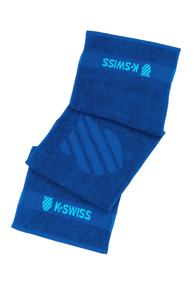 Three Brunner Blue K-Swiss Promo Towels, each adorned with a light blue logo and brand name, are stacked. These towels offer superior absorption and feature a central circular design on a plain background, ensuring you stay dry.