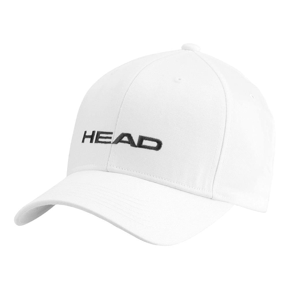 The HEAD Promotion Cap in white is made from high-quality cotton and showcases the word "HEAD" embroidered in black on the front. It includes a curved brim, a top button, and an adjustable velcro strap for easy fitting.