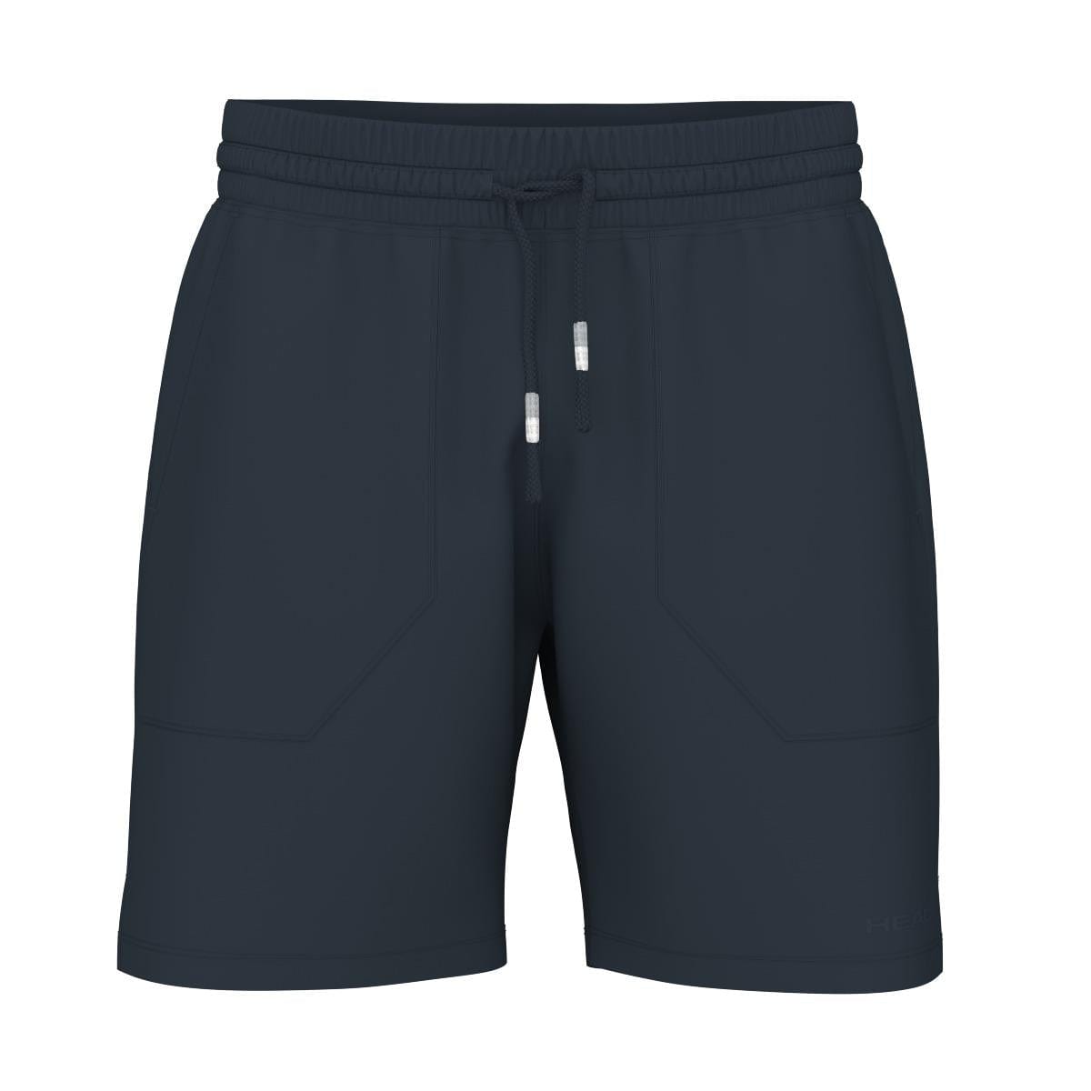 The HEAD Performance Men's Play Tennis Shorts in navy offer a sleek design with an elastic waistband and adjustable drawstrings. Made by HEAD, these shorts are crafted from Moisture Transfer Microfiber, providing 4-way stretch for comfort. They feature front pockets and subtle stitching details, perfect for a casual yet stylish appearance.