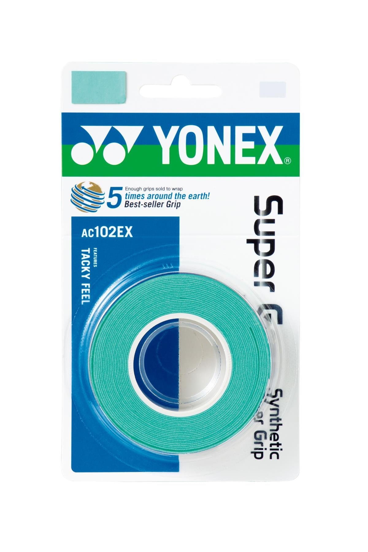 Packaged Yonex AC102EX Super Grap Tennis Overgrip in a green colorway, the product packaging features phrases like "5 times around the earth" and "best-seller grip." It emphasizes attributes such as a "tacky feel," "sweat absorption," and being a "synthetic grip" on the front.