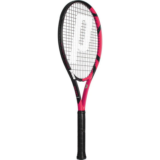 The Prince Beast Power 270g Tennis Racket by Prince showcases a stylish pink and black design with a "P" logo on its white strings. Its graphite frame is accentuated in black, providing excellent grip for firm control.