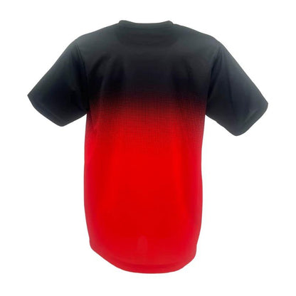 The Yonex YTM5 Men's Tennis T-Shirt in red and black showcases a back gradient design from black to bright red. Made from moisture-wicking polyester, its lightweight fabric and short sleeves offer a comfortable, simple, and clean style.