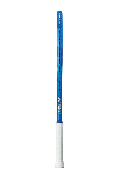 Displayed vertically, the Yonex EZONE 98 2025 Tennis Racket in Blast Blue features a white grip. The Yonex logo graces the frame, and its narrow edge with integrated Vibration Dampening Mesh for improved comfort is highlighted while strings remain unseen from this side view.