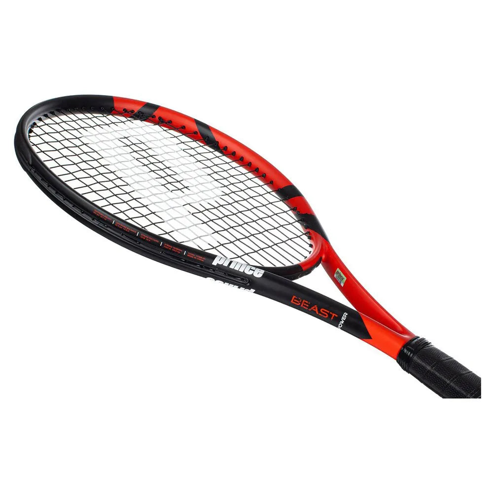 The Prince Beast Power 285g Tennis Racket in red and black features "BEAST" on the frame, a black grip tape handle, and tightly woven strings for power and control. Its sleek design is ideal for both professional and casual players.