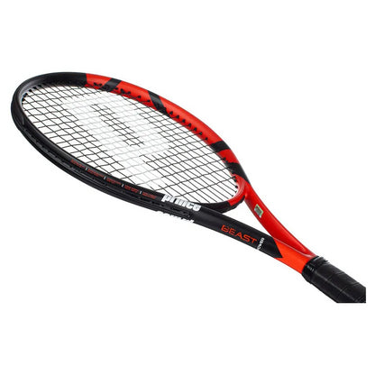 The Prince Beast Power 285g Tennis Racket in red and black features "BEAST" on the frame, a black grip tape handle, and tightly woven strings for power and control. Its sleek design is ideal for both professional and casual players.