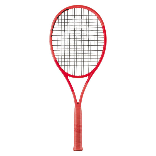 The 2025 HEAD Radical MP tennis racket, in orange, features Auxetic 2.0 technology with a red frame and black strings for an all-court performance. The textured grip offers a secure hold, shown against a white background.