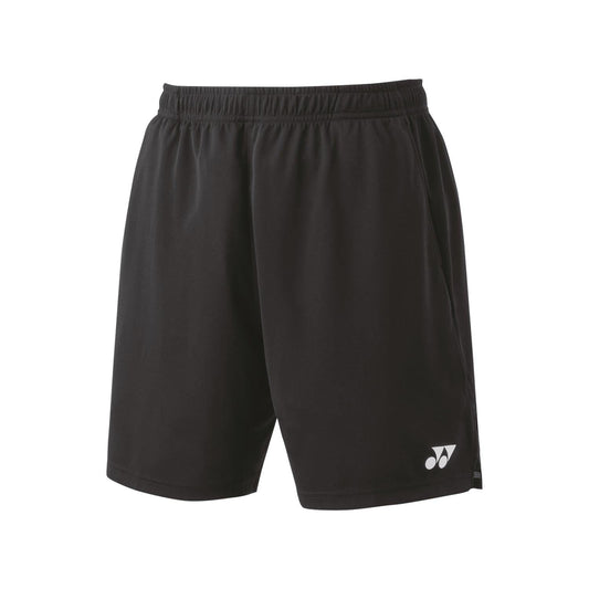 The Yonex 15170 Knit Men's Tennis Shorts in black are crafted with an elastic waistband and feature a discreet white logo on the left leg. Designed by Yonex, these shorts incorporate VeryCool Dry technology for maximum comfort and include UV Reduction for enhanced protection.