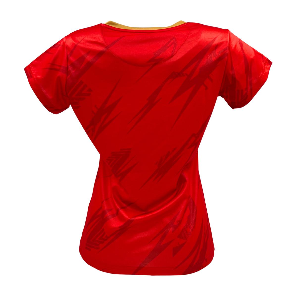 The Yonex YTL8 Women's Tennis T-Shirt in Red/Gold features a red design with a yellow collar and diagonal dark red zigzag lines. Its moisture-wicking, shiny fabric offers a modern, sporty look.