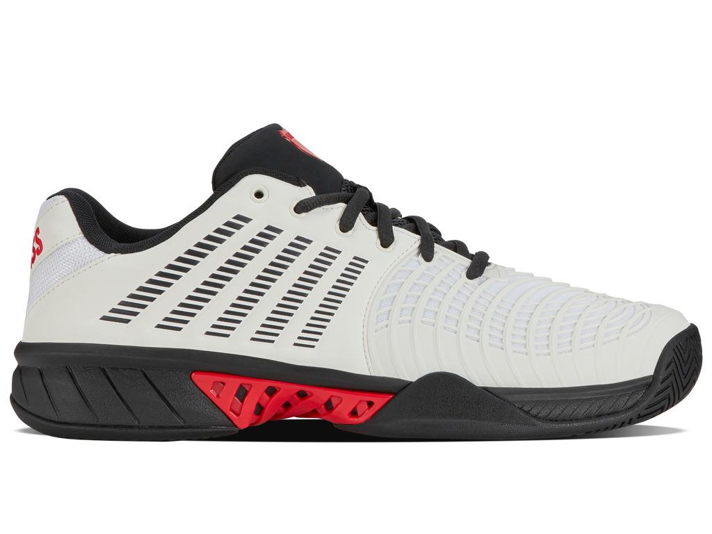 The K-Swiss Express Light 3 Men's Tennis Shoes in Bright White, Stretch Limo, and High Risk Red are perfect for tennis with a sleek design. They feature black horizontal stripes, a black sole with red detailing, and DuraWrap Flex technology for added durability.