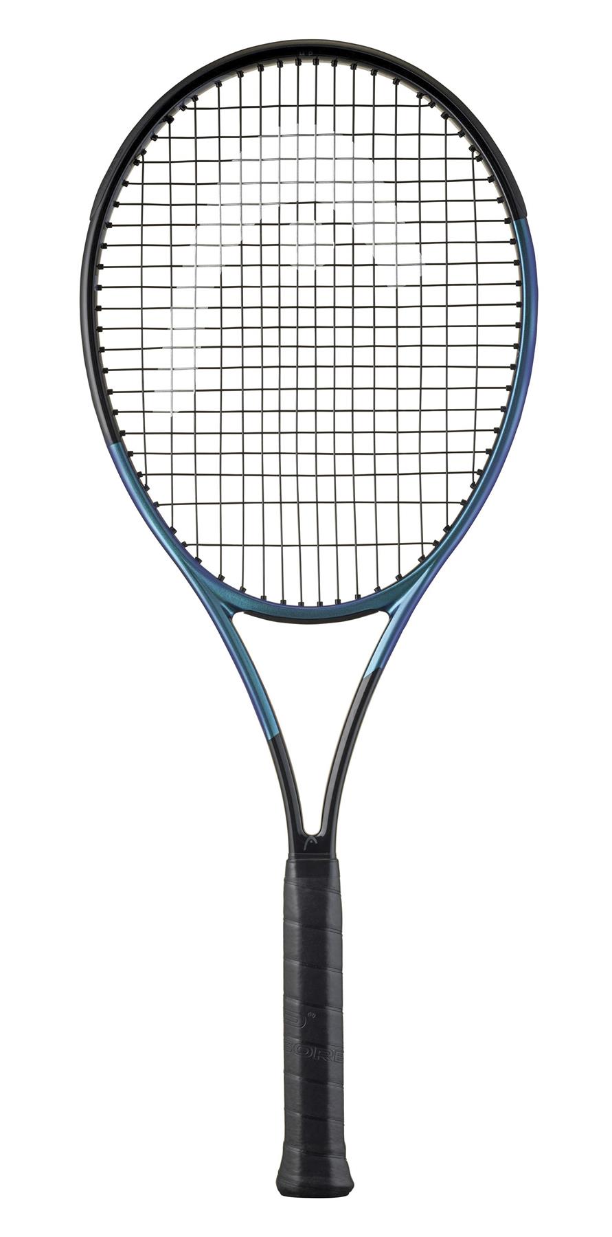 The HEAD Gravity MP 2025 Tennis Racket in black features a string grid with a massive sweetspot, Auxetic 2.0 technology for enhanced performance, and blue accents on the frame. It stands vertically against a white background with a black grip handle.