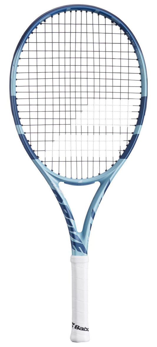 A Babolat Pure Drive Junior 26 Gen 11 tennis racket in light blue with a white grip is shown against a plain background. Perfect for young competitors, it features tightly woven strings and a prominent logo on the surface.