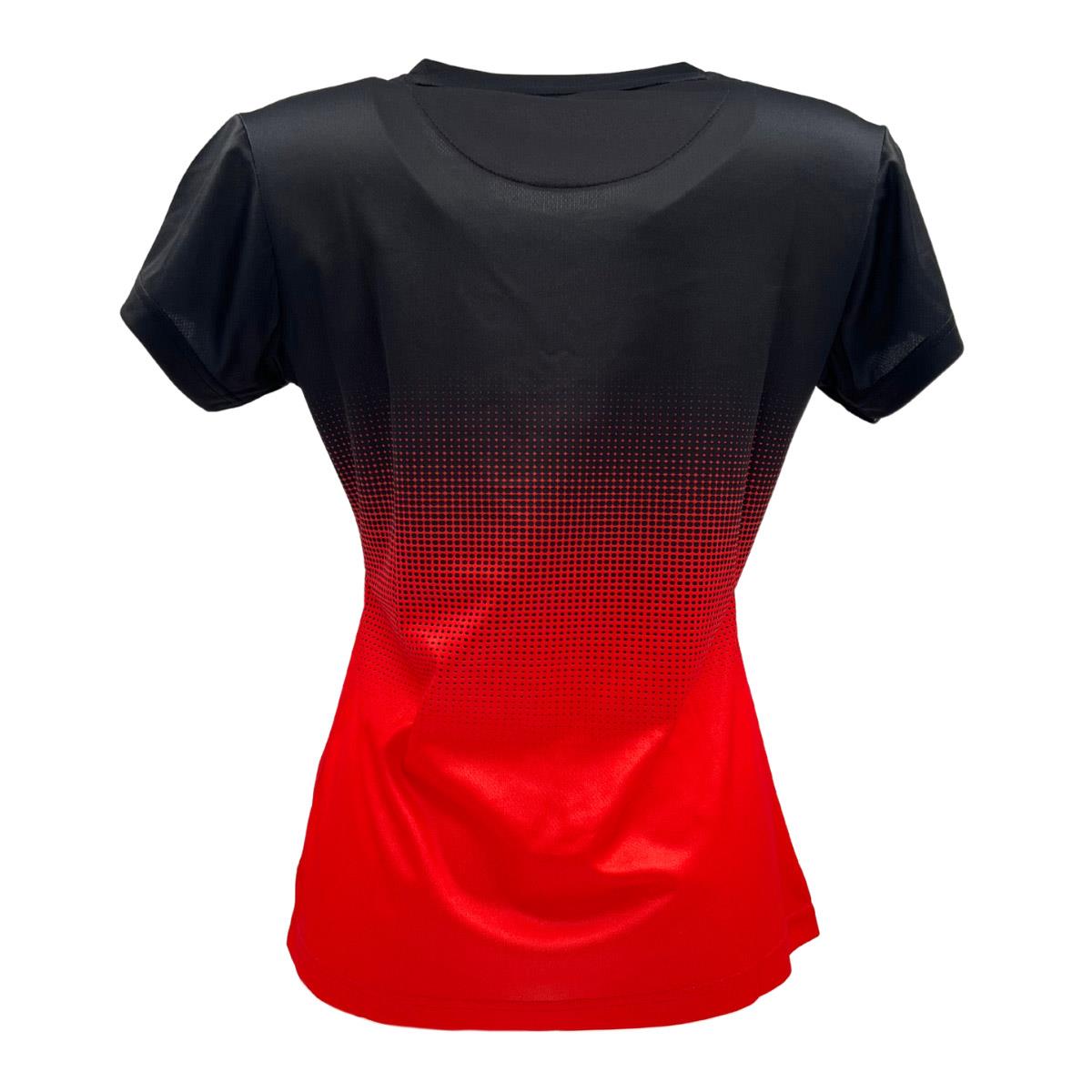 The Yonex YTL5 Women's Tennis T-Shirt by Yonex showcases a striking black-to-red gradient dotted design. Made from moisture-wicking polyester with advanced fabric technology, it features a round neckline and an attractive back view.