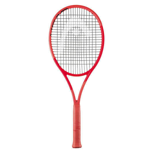 The HEAD Radical Pro 2025 Tennis Racket, in orange, features black strings and Auxetic 2.0 Technology for enhanced spin and power. With a matte frame finish and red grip tape, this sleek design is suitable for both professional and recreational players.