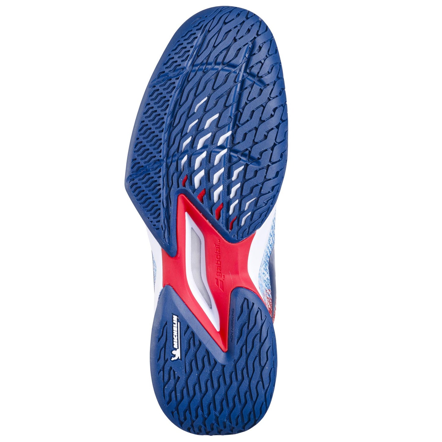 The image displays the sole of a Babolat Jet Mach 3 2024 All Court Men's Wide Tennis Shoe, incorporating Matryx® technology and featuring a textured tread pattern in estate blue. It emphasizes vibrant red accents and a white segment marked "Power," which is engineered to boost grip and performance. The Michelin sole further enhances the durability and efficiency of this model.