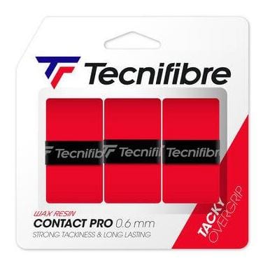 The Tecnifibre Contact Pro Tennis Overgrip - 3 Pack - Red is packaged to emphasize its "Superior Grip" featuring a tacky effect. It is marked with "Contact Pro 0.6 mm" and "Tacky Overgrip," and its eye-catching red and black design highlights three red grip bands visible through the plastic cover.