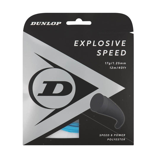 The packaging for the Dunlop Explosive Speed Tennis String in blue highlights its features, including "17g/1.25mm," "12m/40ft," and "Speed & Power." Emblazoned with the Dunlop logo, this polyester string is designed to deliver maximum speed and high spin levels for enhanced performance.