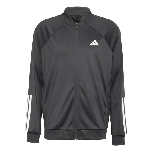 The adidas Men's 3 Stripe Knit Tennis Jacket in black is a sleek zip-up with a high collar, long sleeves, and iconic forearm stripes. It sports a white chest logo and has side pockets, making it perfect for training with style and performance.