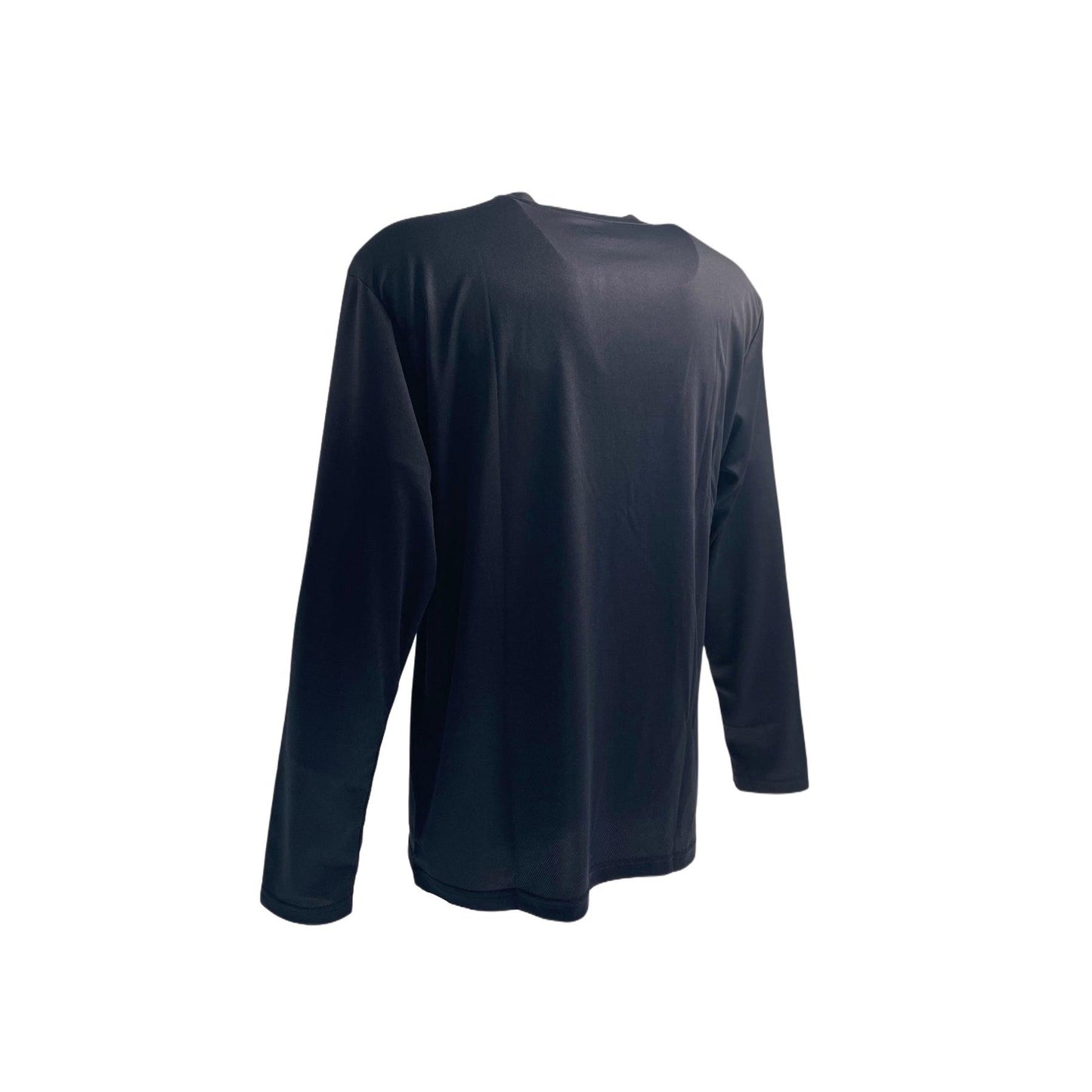 The Yonex YLSS2024 Unisex Tennis Long Sleeve T-Shirt in black, shown from the back with a plain design and round neckline, is moisture-wicking. It is set against a white background.