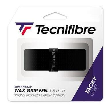 The packaging of the Tecnifibre Wax Feel Replacement Tennis Grip - Black, crafted for tennis enthusiasts, showcases a sleek black grip strip. It prominently displays "1.8 mm," emphasizes "Strong Tackiness & Great Cushion," and highlights an enhanced hold with "Tacky Grip" elegantly written on the side.