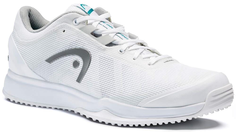 Introducing the HEAD Sprint Pro 3.0 Men's Grass Court Tennis Shoes in White and Grey. These athletic shoes feature a textured upper with a distinctive gray emblem on the side and Delta Straps for a secure fit. With their sleek, sporty design, they are ideal for grass court tennis players, providing comfort with Hybrasion+ Technology and a cushioned sole.