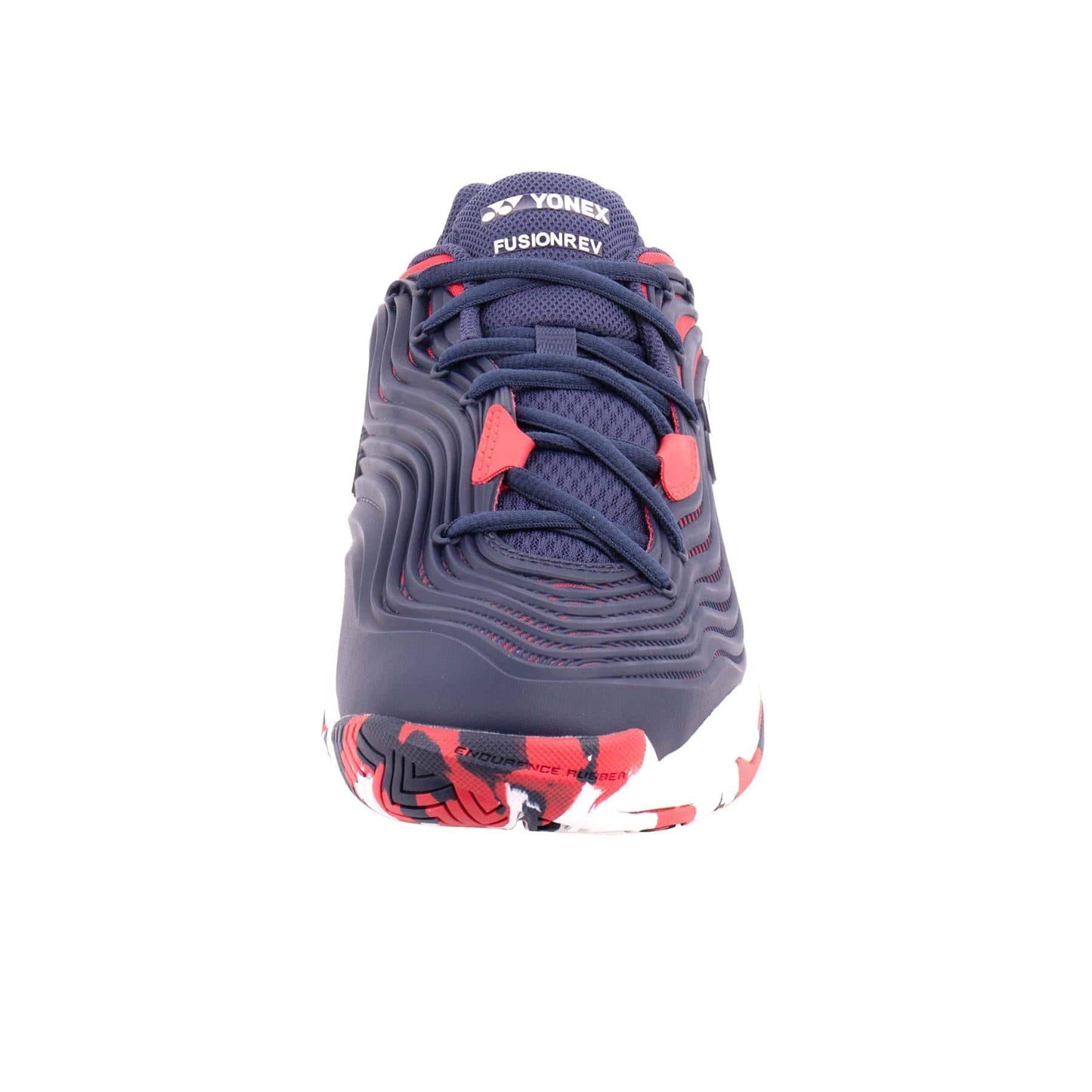 The Yonex Power Cushion FusionRev 5 Men's Tennis Shoes by Yonex feature a navy upper with red accents and a unique wavy texture when viewed from the front. The sole, designed with Power Cushion technology, displays an eye-catching red, white, and black pattern to enhance performance on the court.