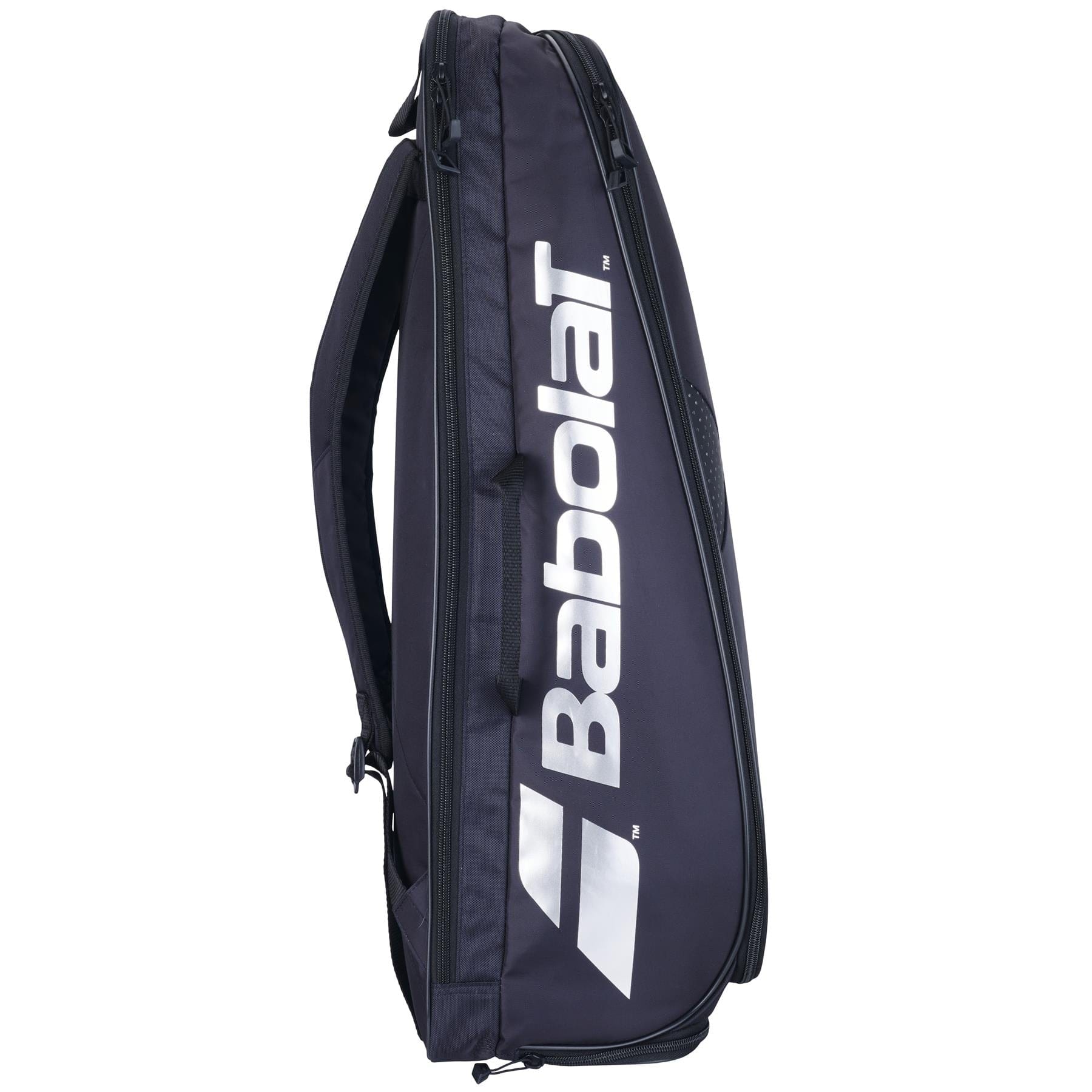 The Babolat Backrack 3 Tennis Bag in black is designed to stand upright and is crafted from recycled polyester. It features the Babolat logo prominently in white and includes multiple zippered compartments, making it ideal for carrying rackets and other tennis essentials efficiently.