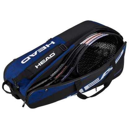 A HEAD Team 9 Tennis Racket Bag L - BLBK is open, showcasing several rackets inside. Made from recycled materials, it prominently displays the HEAD logo on its sides and includes a convenient 2-way carry system with zippers and handles for easy transport.