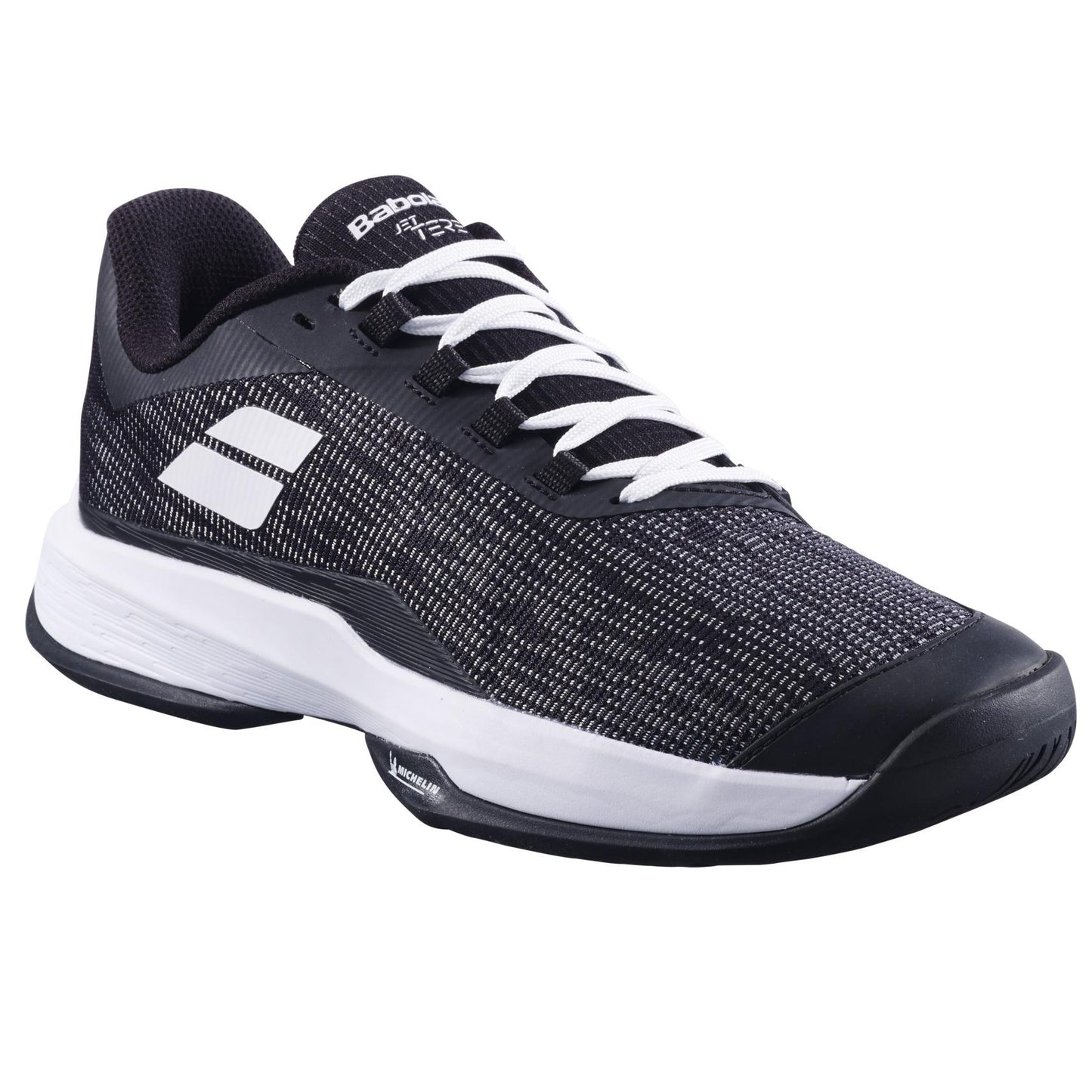 Meet the Babolat Jet Tere 2 All Court 2025 Men's Tennis Shoes, combining black and white tones for maximum comfort and stability. Featuring a textured fabric upper, white laces, thick white sole with black accents, and minimalist logo designs on the side & tongue.