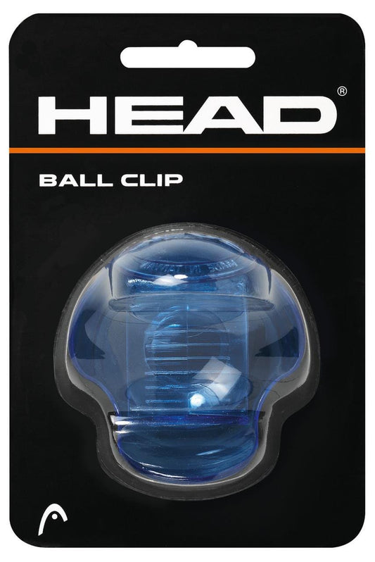 The packaging for the Head Tennis Ball Clip Holder - Blue highlights a transparent blue clip crafted to firmly secure tennis balls. Constructed from durable materials, it is presented on an eye-catching black and orange cardboard backing, with the HEAD brand name prominently displayed at the top.