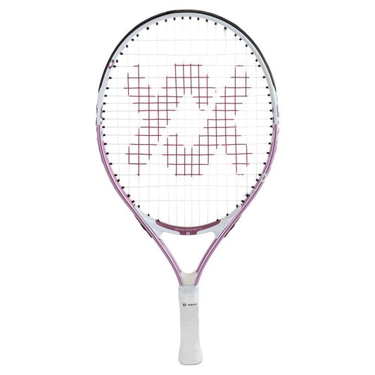 The Volkl Revolution 21 Junior Tennis Racket, offered in a striking Black and Fuchsia design, captivates young players with its vibrant appearance. Ideal for kid's tennis, the strings form an intricate pattern showcasing a bold red logo at the center.