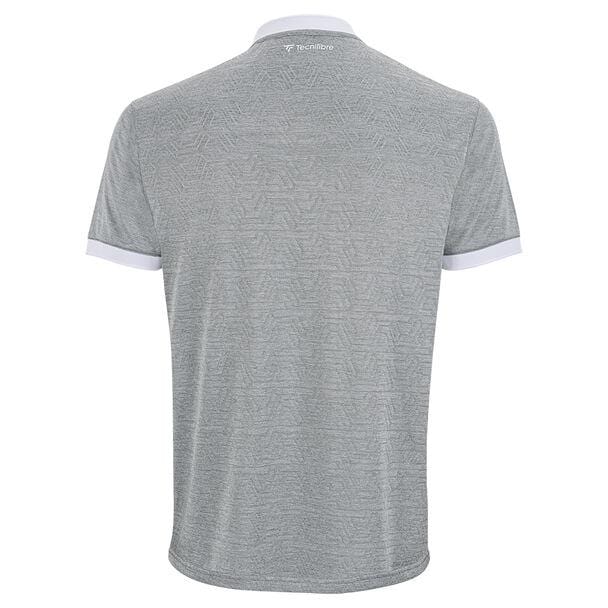 A back view of the Tecnifibre Mens Team Tennis Mesh Polo Shirt in silver highlights a subtle pattern. This breathable shirt, crafted for enhanced comfort, features a white collar and sleeve cuffs made from polyester mesh.